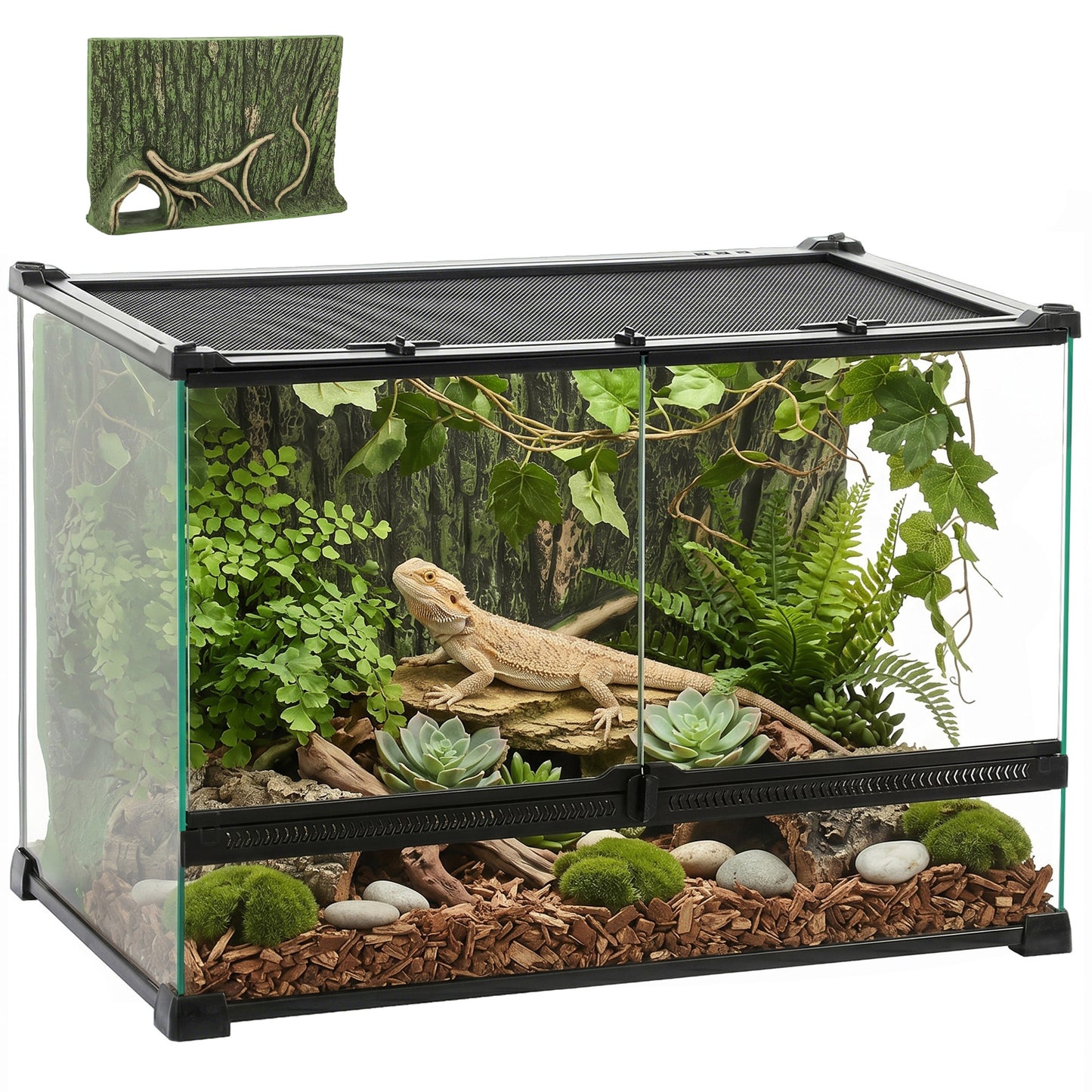 Reptile Glass Terrarium, Reptile Vivarium with Tree Bark Background, Front Ventilation, Escape-Proof Knob Lock, Glass Enclosure for Lizards, Horned Frogs, Snakes, 50 x 30 x 35 cm, Black