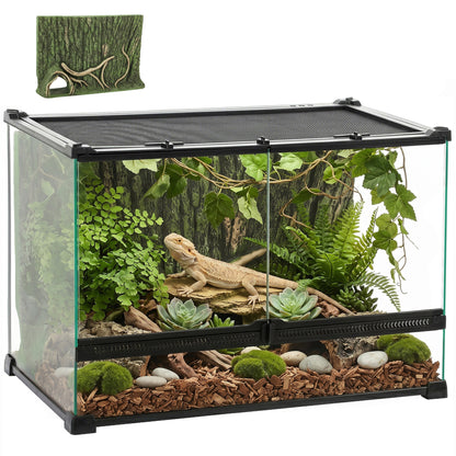 Reptile Glass Terrarium, Reptile Vivarium with Tree Bark Background, Front Ventilation, Escape-Proof Knob Lock, Glass Enclosure for Lizards, Horned Frogs, Snakes, 50 x 30 x 35 cm, Black