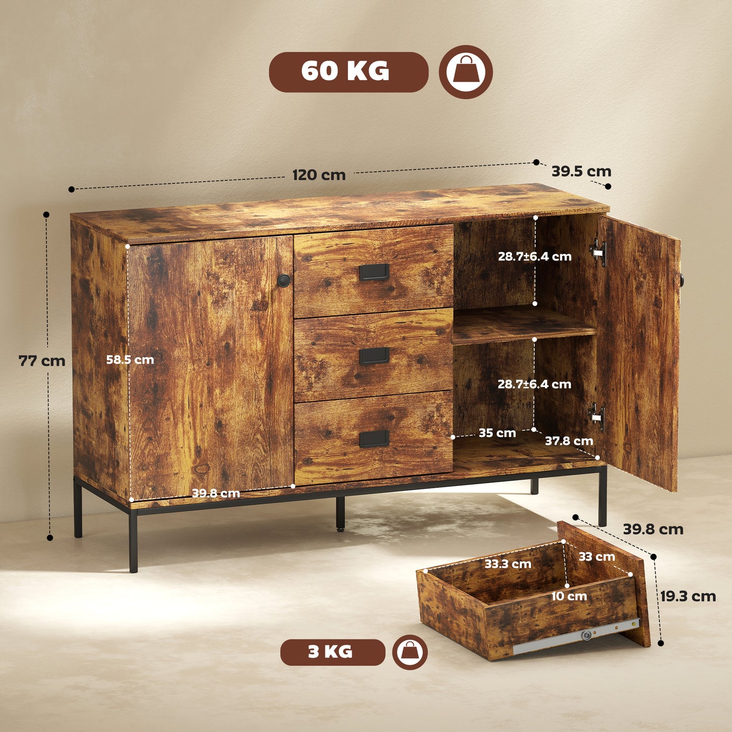 Modern Sideboard, Storage Cabinet, Accent Cupboard Rustic Brown