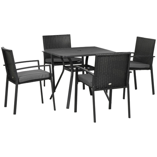4 Seater Rattan Garden Furniture Set 5 Pieces Outdoor Dining Set with Cushions, Umbrella Hole - Black