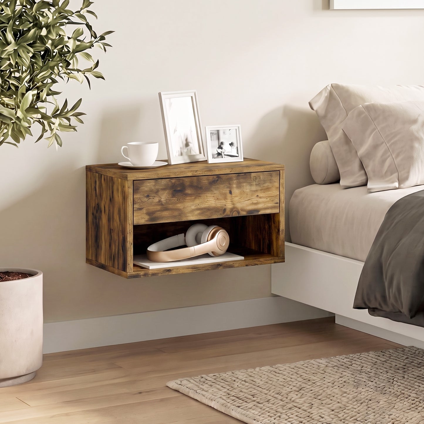 Floating Nightstands Set of 2, Bedside Table w/ Drawer and Open Shelf