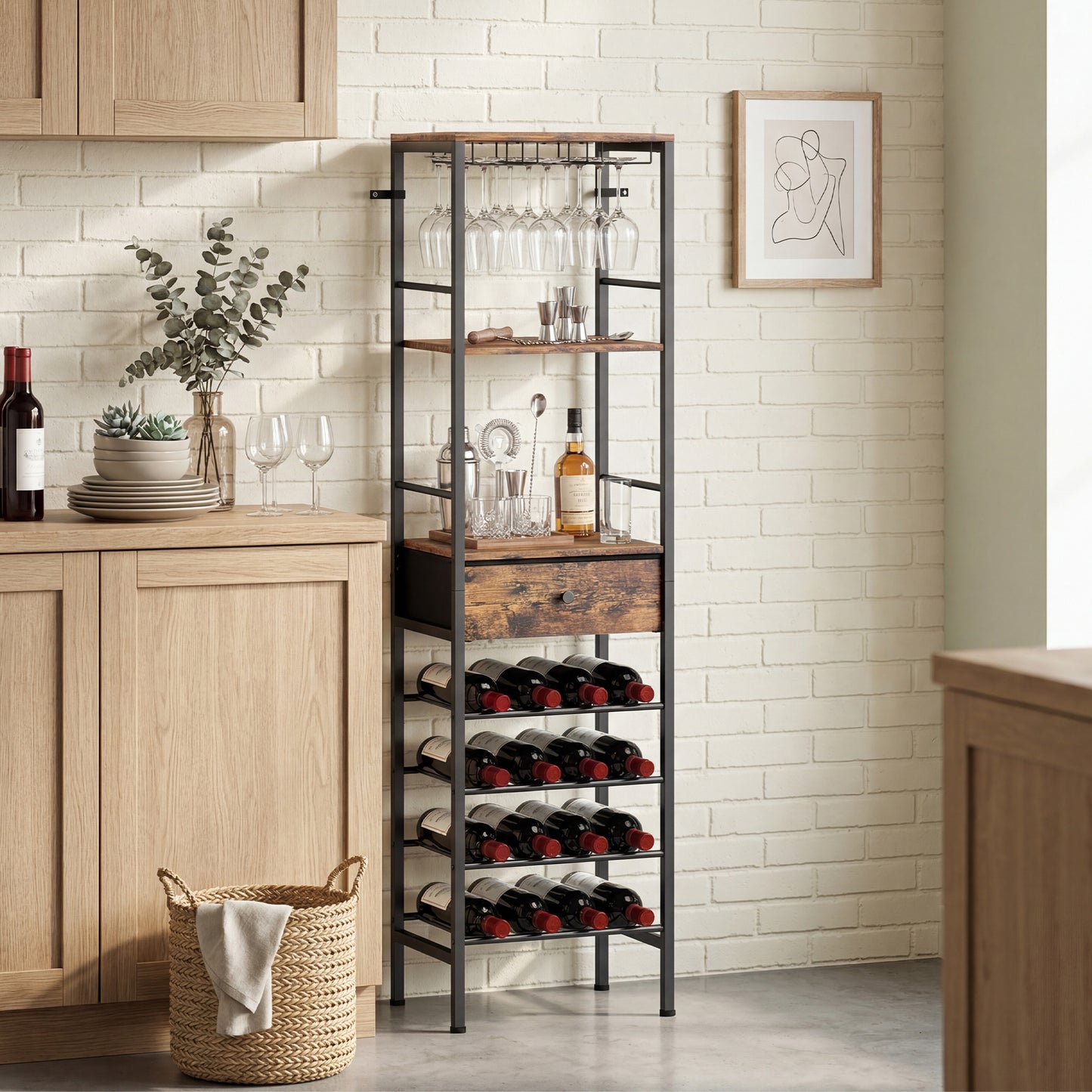 Wine Bar Cabinet 16-Bottle Wine Rack Rustic Brown