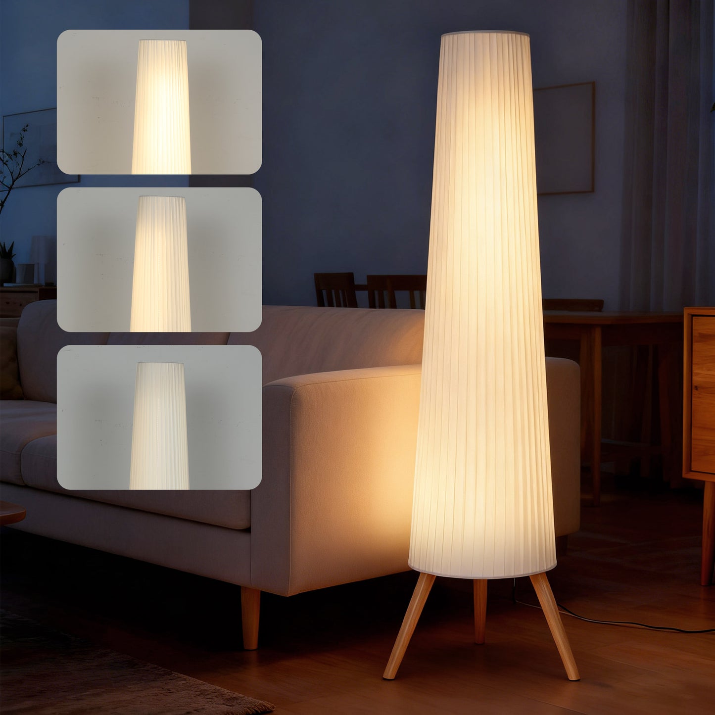 Dimmable Standing Lamp, Nordic Tripod Floor Lamp with Wood Legs