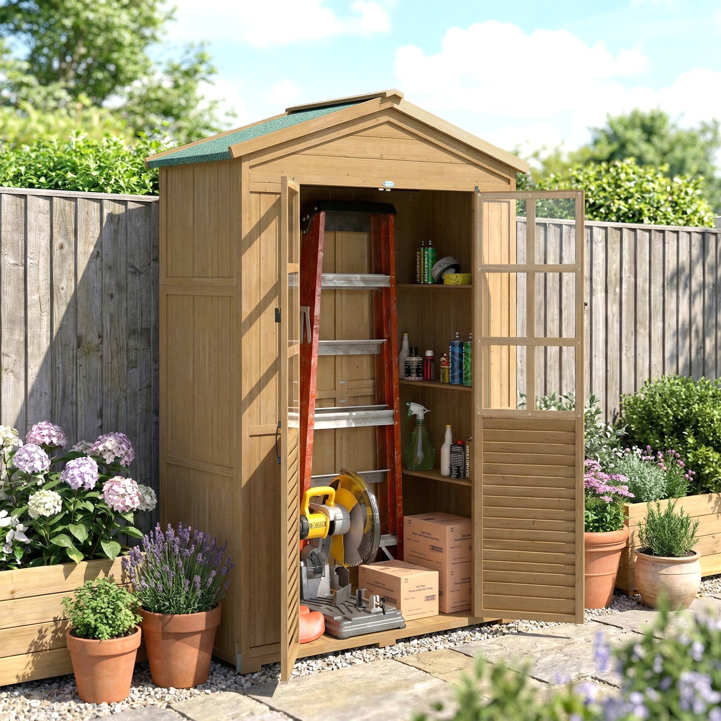 Wooden Small Shed, Garden Tool Shed with Shelves and Acrylic Windows, Tool Storage Cabinet with Asphalt Roof and Lockable Doors for Equipment, Light Brown
