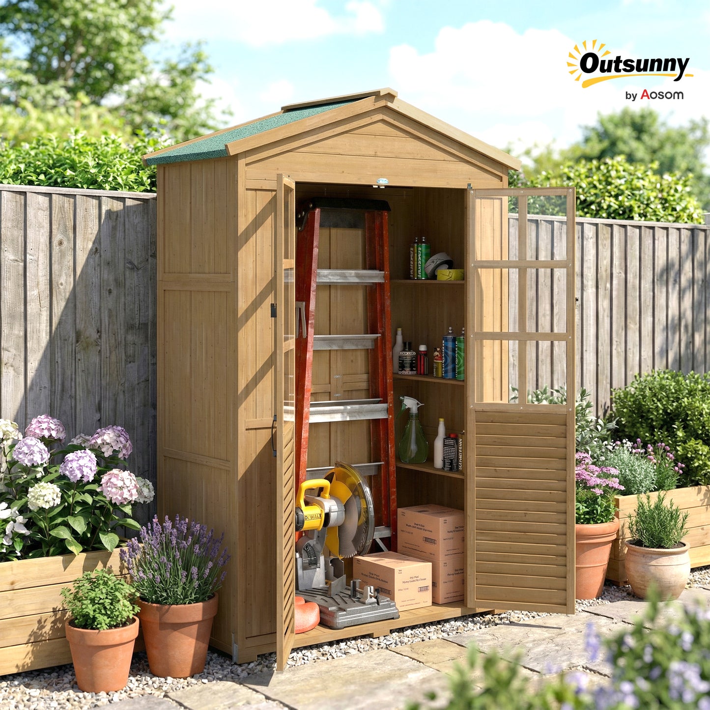 Wooden Small Shed, Garden Tool Shed with Shelves and Acrylic Windows, Tool Storage Cabinet with Asphalt Roof and Lockable Doors for Equipment, Light Brown