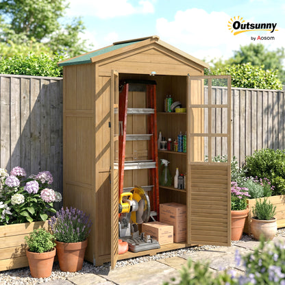 Wooden Small Shed, Garden Tool Shed with Shelves and Acrylic Windows, Tool Storage Cabinet with Asphalt Roof and Lockable Doors for Equipment, Light Brown