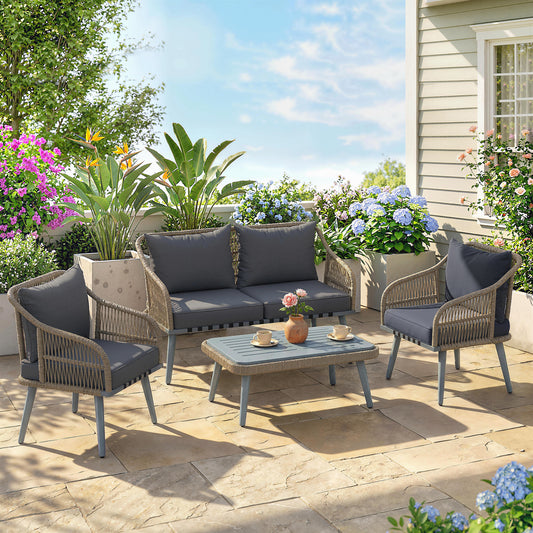 4 Piece Rattan Garden Furniture Set w/ Thick Cushions, Grey