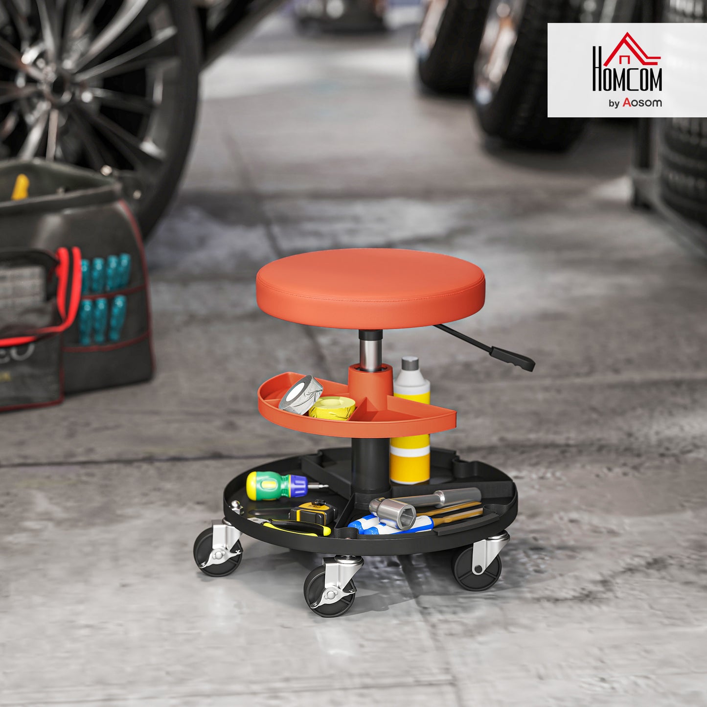 Rolling Mechanic Stool, 135kg Capacity Workshop Stool, 360° Swivel Roller Padded Creeper Seat with Wheels, Tool Trays Storage for Garage, Shop, Auto Repair, Yellow