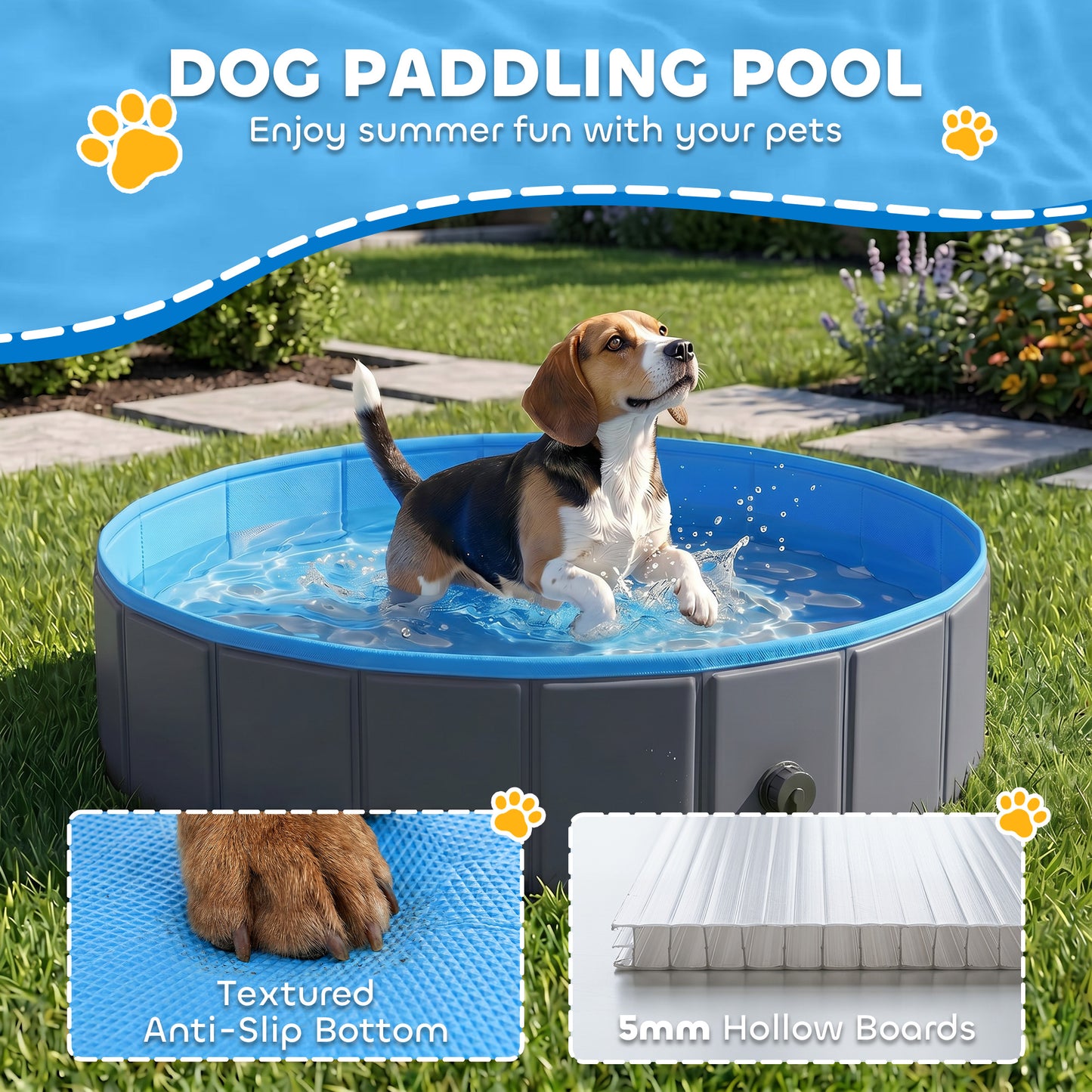 Foldable Dog Pool for Puppies and Ducks, Thickened PVC Dog Paddling Pool Bath Tub Hard Board, Anti-Slip Bottom and Hose Adapter for Easy Drainage, 100 x 30cm, Blue and Dark Grey