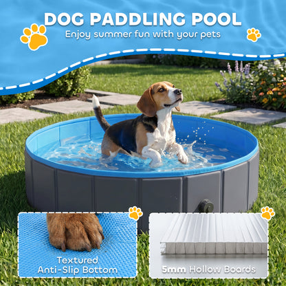 Foldable Dog Pool for Puppies and Ducks, Thickened PVC Dog Paddling Pool Bath Tub Hard Board, Anti-Slip Bottom and Hose Adapter for Easy Drainage, 100 x 30cm, Blue and Dark Grey