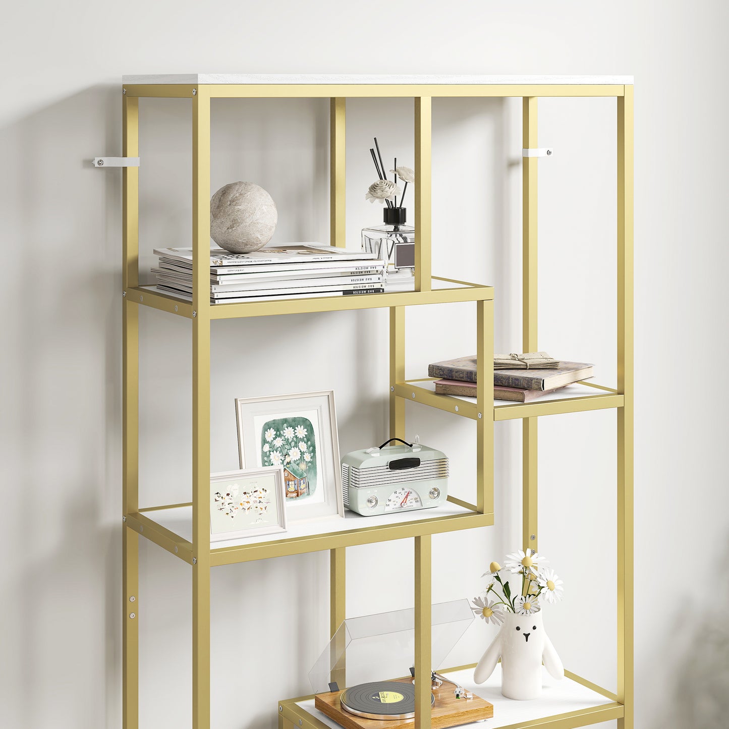 Modern Bookcase 7-Tier Bookshelf Shelving Unit White Gold Tone