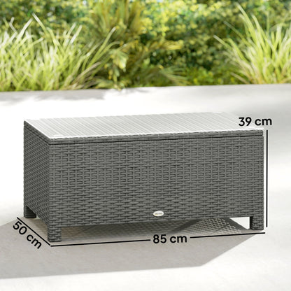Garden Rattan Side Table, Wicker Coffee Desk, Glass Top, Light Grey