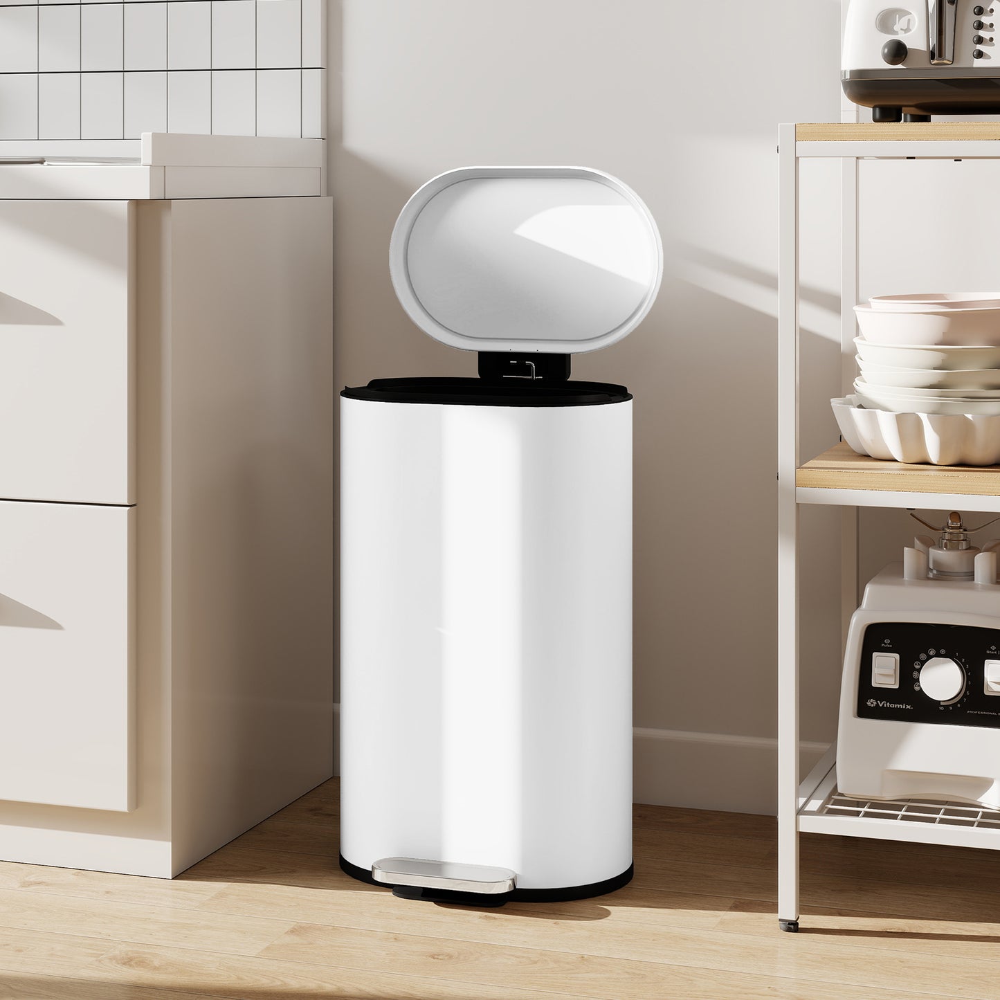 Slim Rectangular Pedal Bin with Soft-Close Lid, 30L Kitchen Bin White