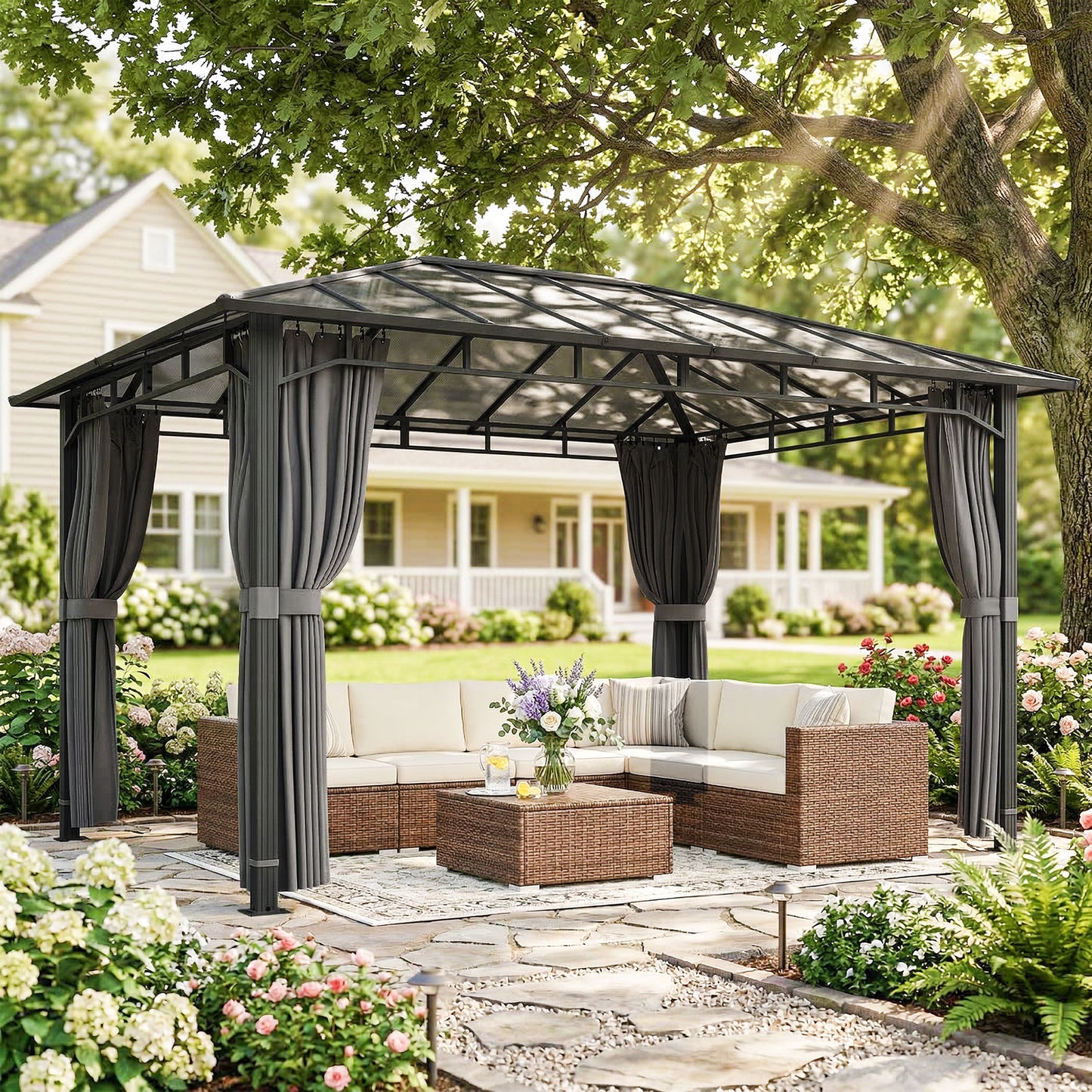 3 x 4 m Hardtop Gazebo with PC Roof, Aluminium Frame, Dark Grey