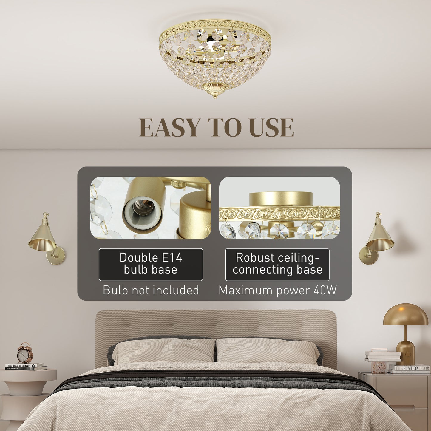 Chandelier Crystal Ceiling Light with E14 Base 2-Lights, Gold