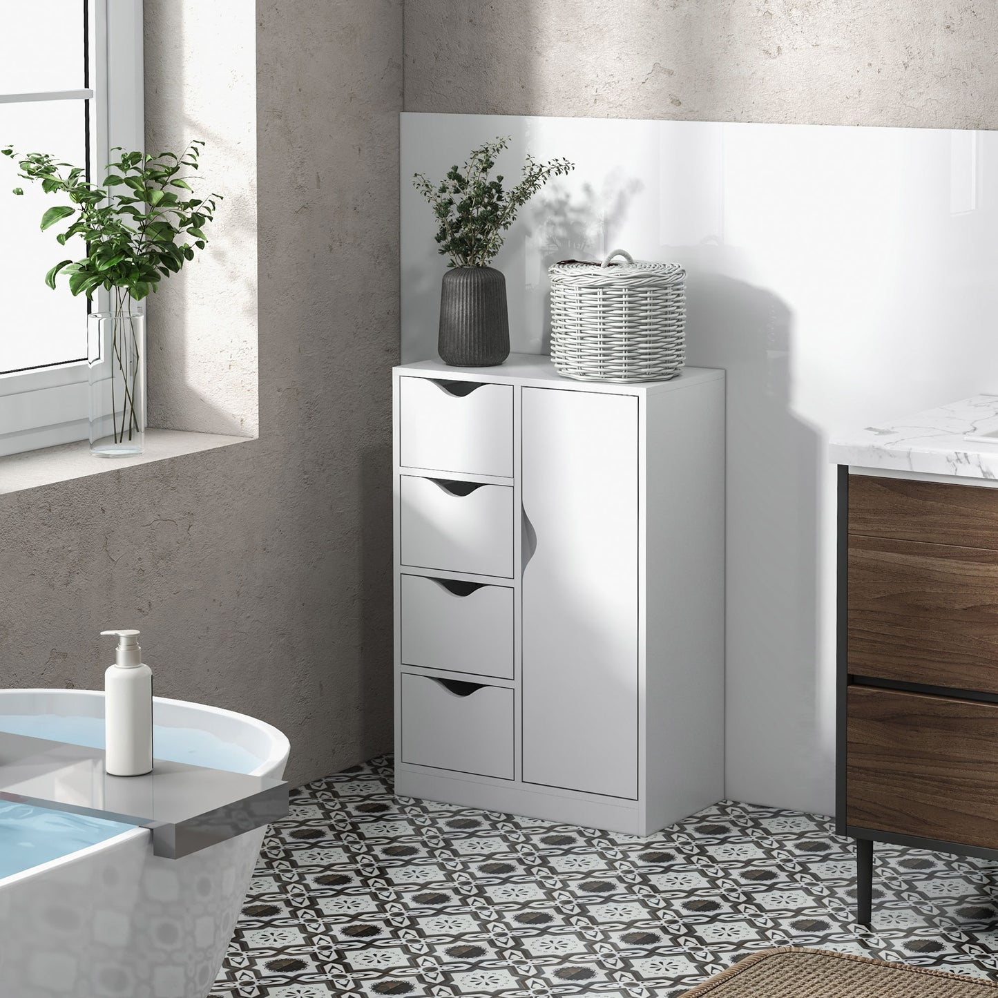 Freestanding Bathroom Cabinet with 4 Drawers and Door Cupboard White