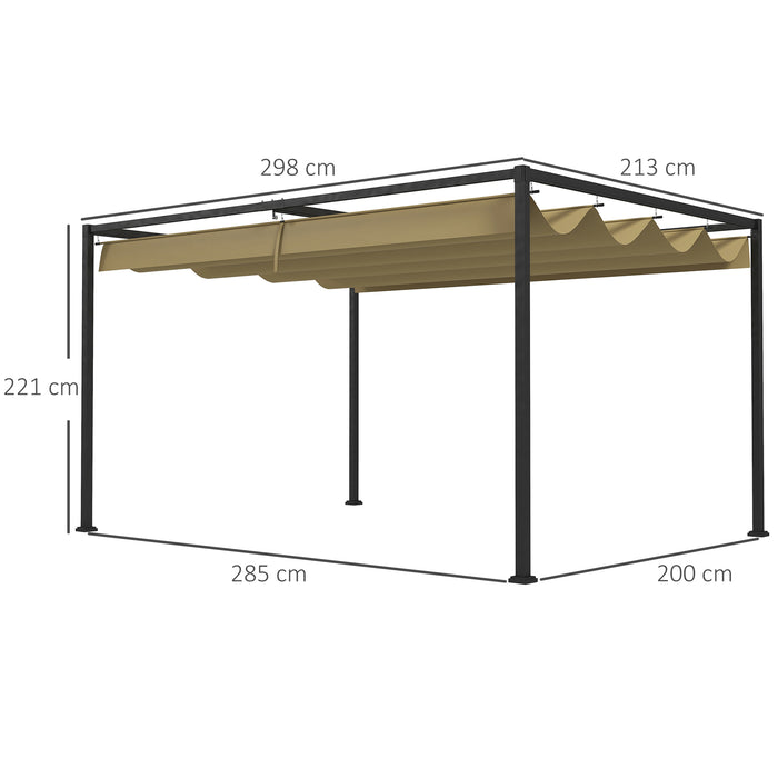 3x2m Metal Pergola with Retractable Roof, Garden Gazebo Canopy Shelter for Outdoor, Patio, Khaki