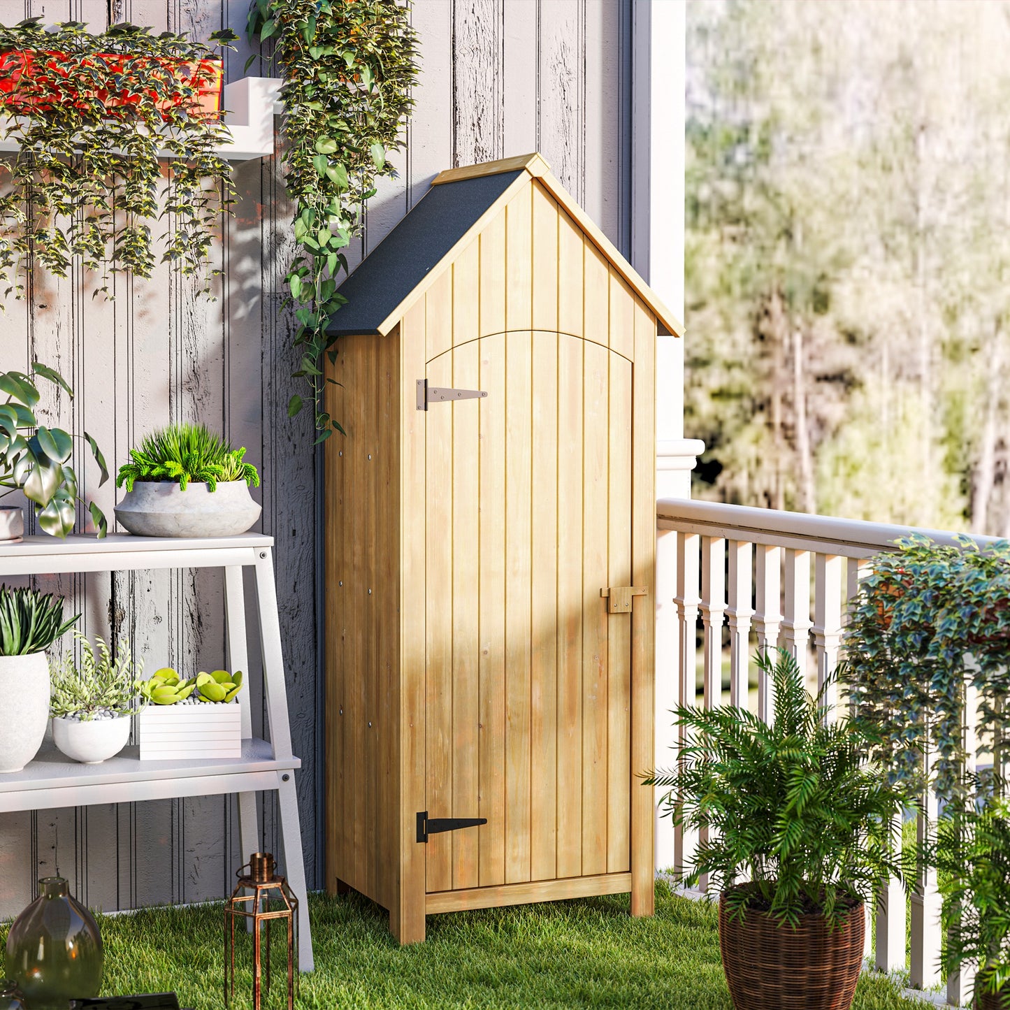 Wooden Garden Storage Shed with 3 Shelves, Outdoor Tool Storage Cabinet with Tilt Roof and Lockable Door, 77.5 x 54.2 x 179.5 cm, Natural