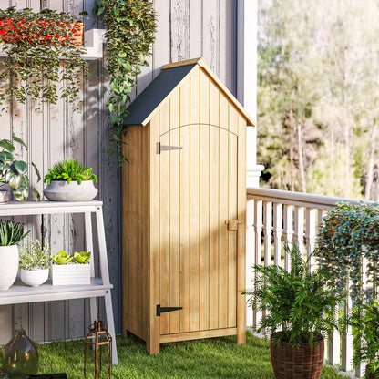 Wooden Garden Storage Shed with 3 Shelves, Outdoor Tool Storage Cabinet with Tilt Roof and Lockable Door, 77.5 x 54.2 x 179.5 cm, Natural