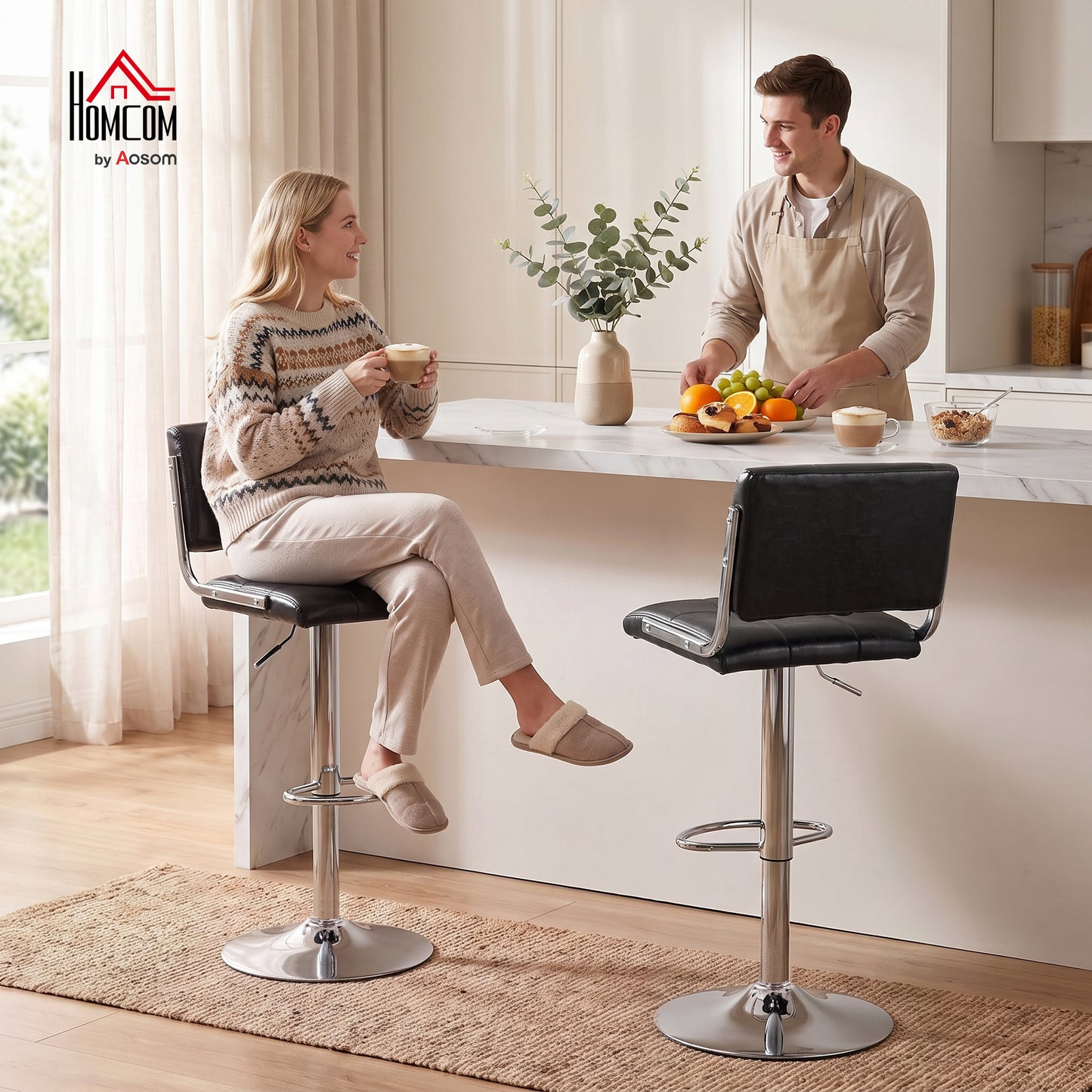Adjustable Bar Stools Set of 2 with Backrest Black