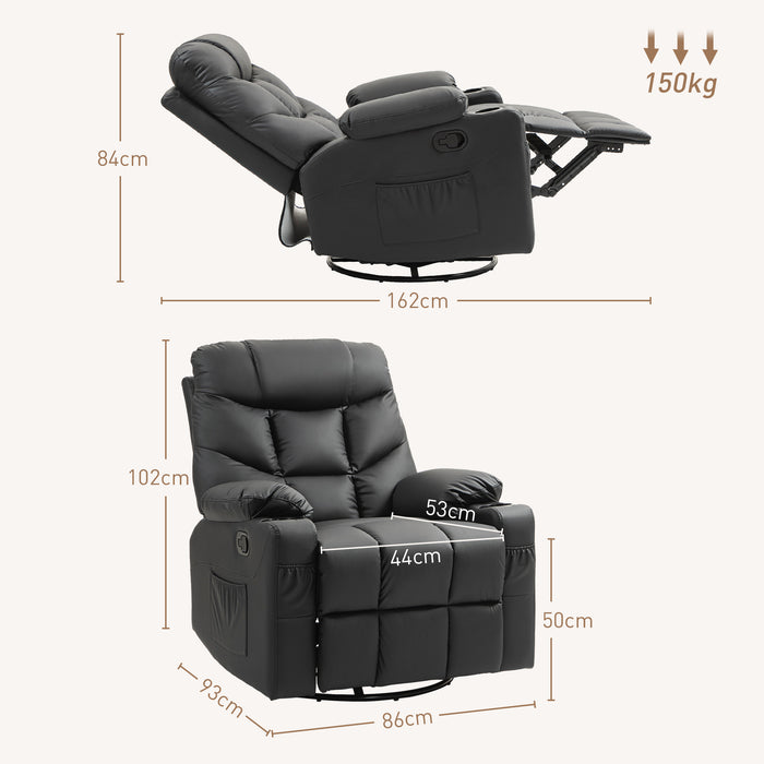 Manual Recliner Chair with Footrest, Cup Holder, Swivel Base, Black