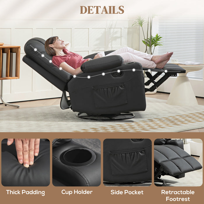 Manual Recliner Chair with Footrest, Cup Holder, Swivel Base, Black