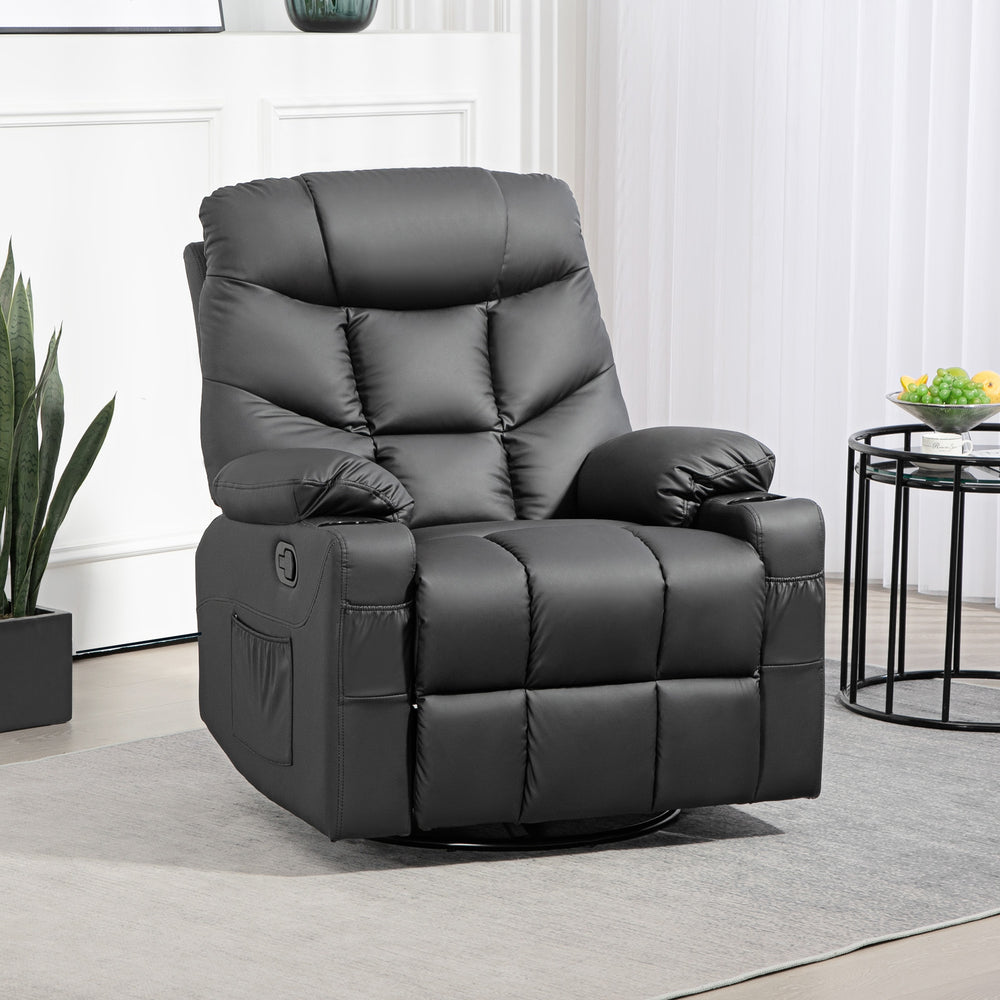 Manual Recliner Chair with Footrest, Cup Holder, Swivel Base, Black