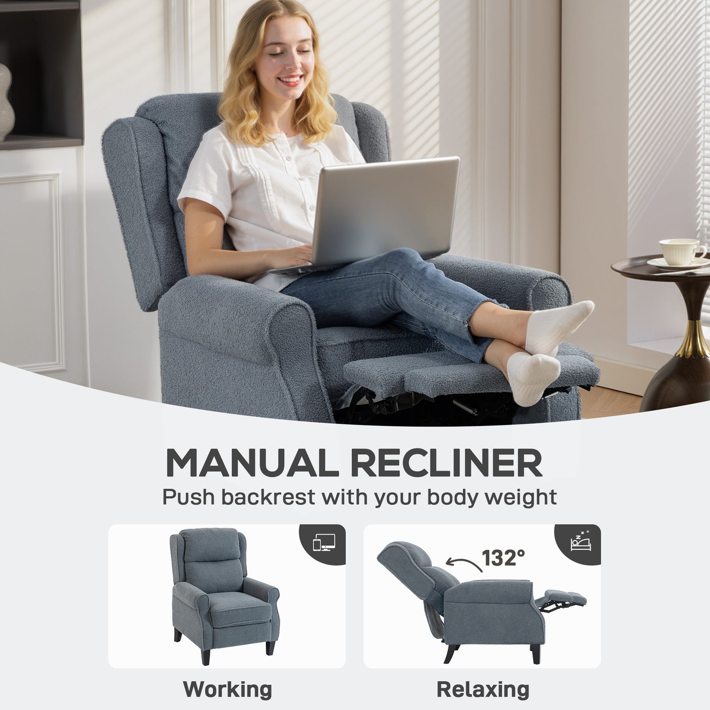 Recliner Armchair, Fabric Recliner Chair, Grey