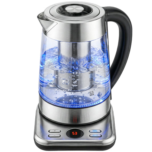 Electric Kettle, 1.7L Fast Boil 3KW Water Kettle with UK Strix Thermostat, Tea Infuser, Keep Warm Function, Auto Shut-off and Boil-Dry Protection, Silver Tone