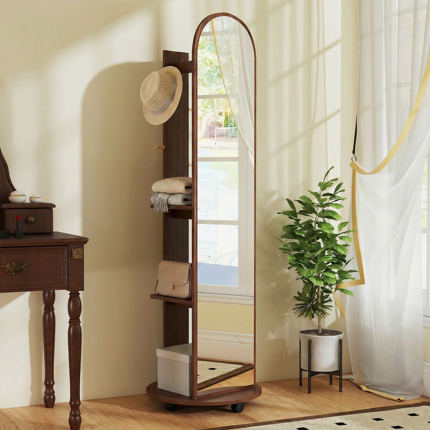 2-in-1 Full Length Mirror with Storage Shelves, Floor Mirror with 4 Universal Wheels, Coat Rack, 4 Hooks, Space-Saving Freestanding Organiser for Bedroom, Living Room, Brown Wood Effect