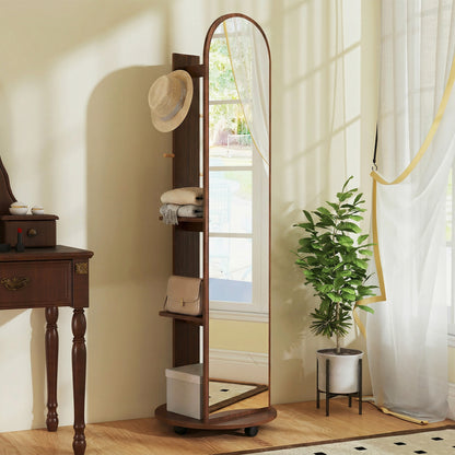 2-in-1 Full Length Mirror with Storage Shelves, Floor Mirror with 4 Universal Wheels, Coat Rack, 4 Hooks, Space-Saving Freestanding Organiser for Bedroom, Living Room, Brown Wood Effect