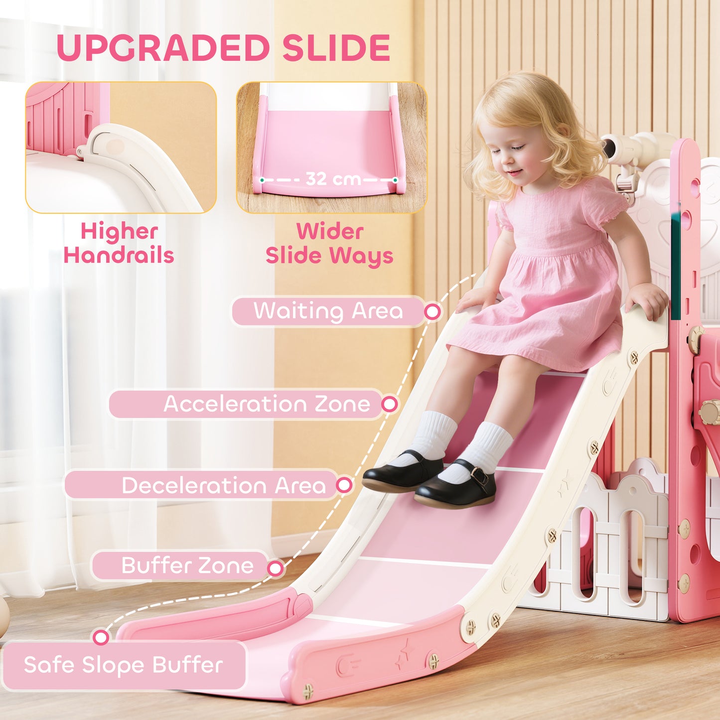 5 in 1 Toddler Slide Set with Basketball Hoop for Age 1-3, Pink