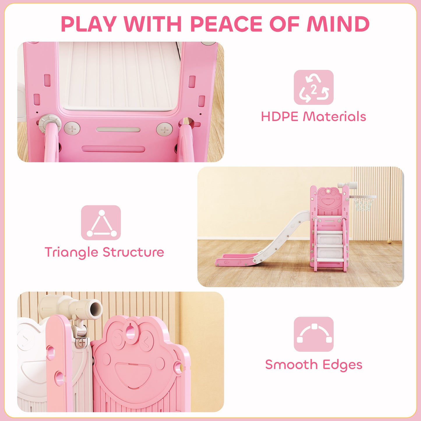 5 in 1 Toddler Slide Set with Basketball Hoop for Age 1-3, Pink