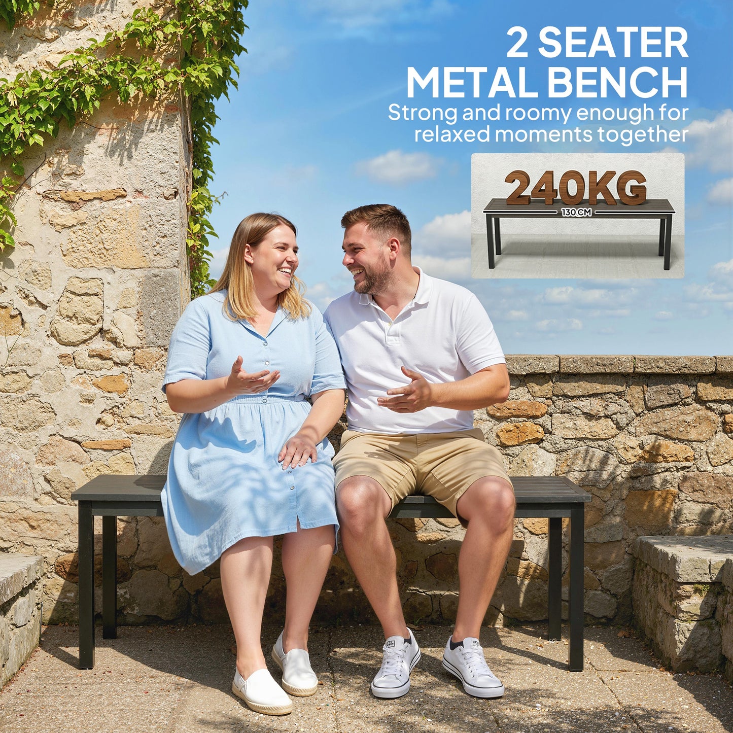 Metal Garden Bench Loveseat with Wood-Effect Slatted Seat, Grey