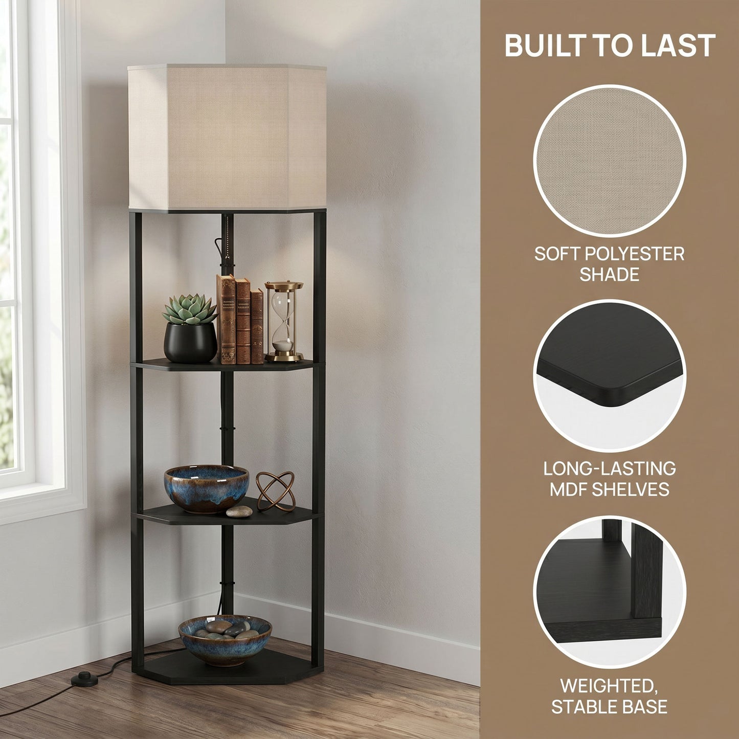 Corner Floor Lamp with Shelves and Lights, Modern Dimmable Standing Lamp with 3000K/4000K/6000K Colour Temperature, Chain Switch & Remote Control for Living Room, Bedroom, Black