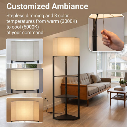 Corner Floor Lamp with Shelves and Lights, Modern Dimmable Standing Lamp with 3000K/4000K/6000K Colour Temperature, Chain Switch & Remote Control for Living Room, Bedroom, Black
