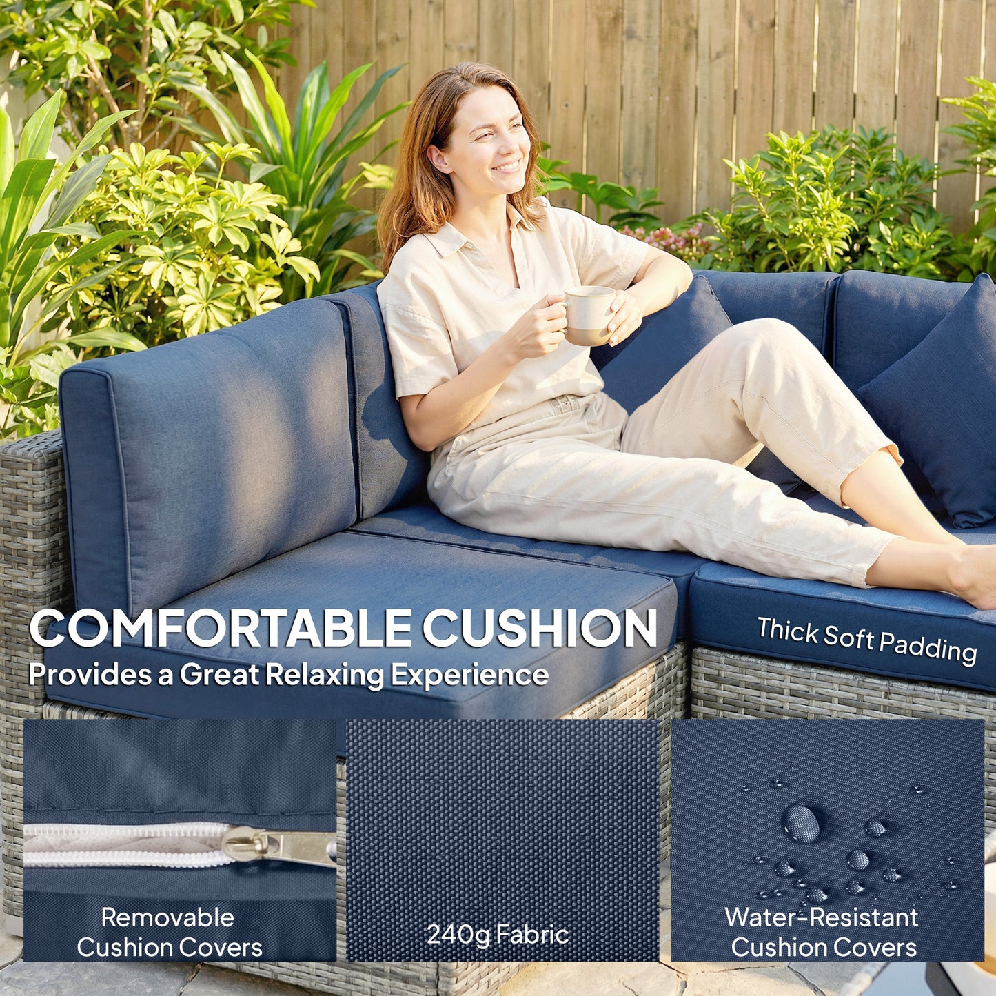 8 Pieces Patio Rattan Sofa Set, Garden Furniture Set Dark Blue