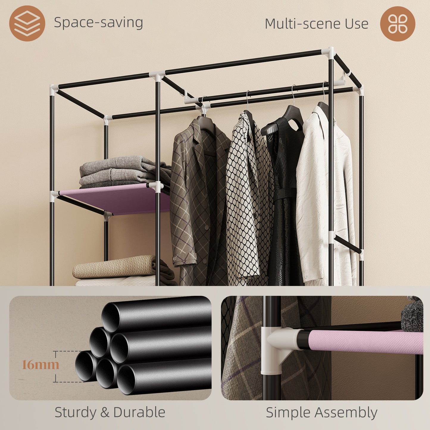 Fabric Wardrobe with wheels, Mobile Portable Wardrobe with 6 Shelves, 1 Hanging Rail, Foldable, 103 x 43 x 162.5 cm, Pink