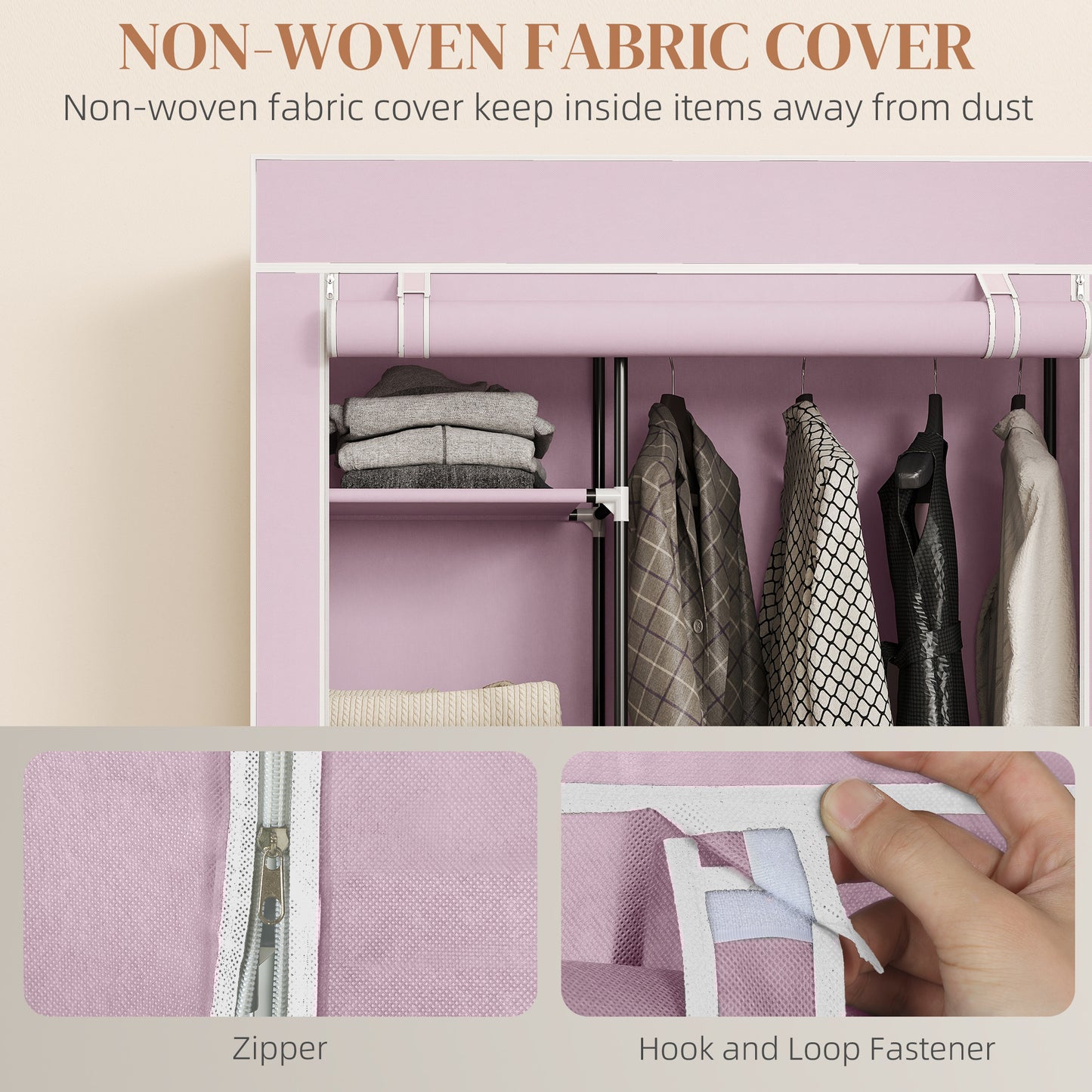 Fabric Wardrobe with wheels, Mobile Portable Wardrobe with 6 Shelves, 1 Hanging Rail, Foldable, 103 x 43 x 162.5 cm, Pink