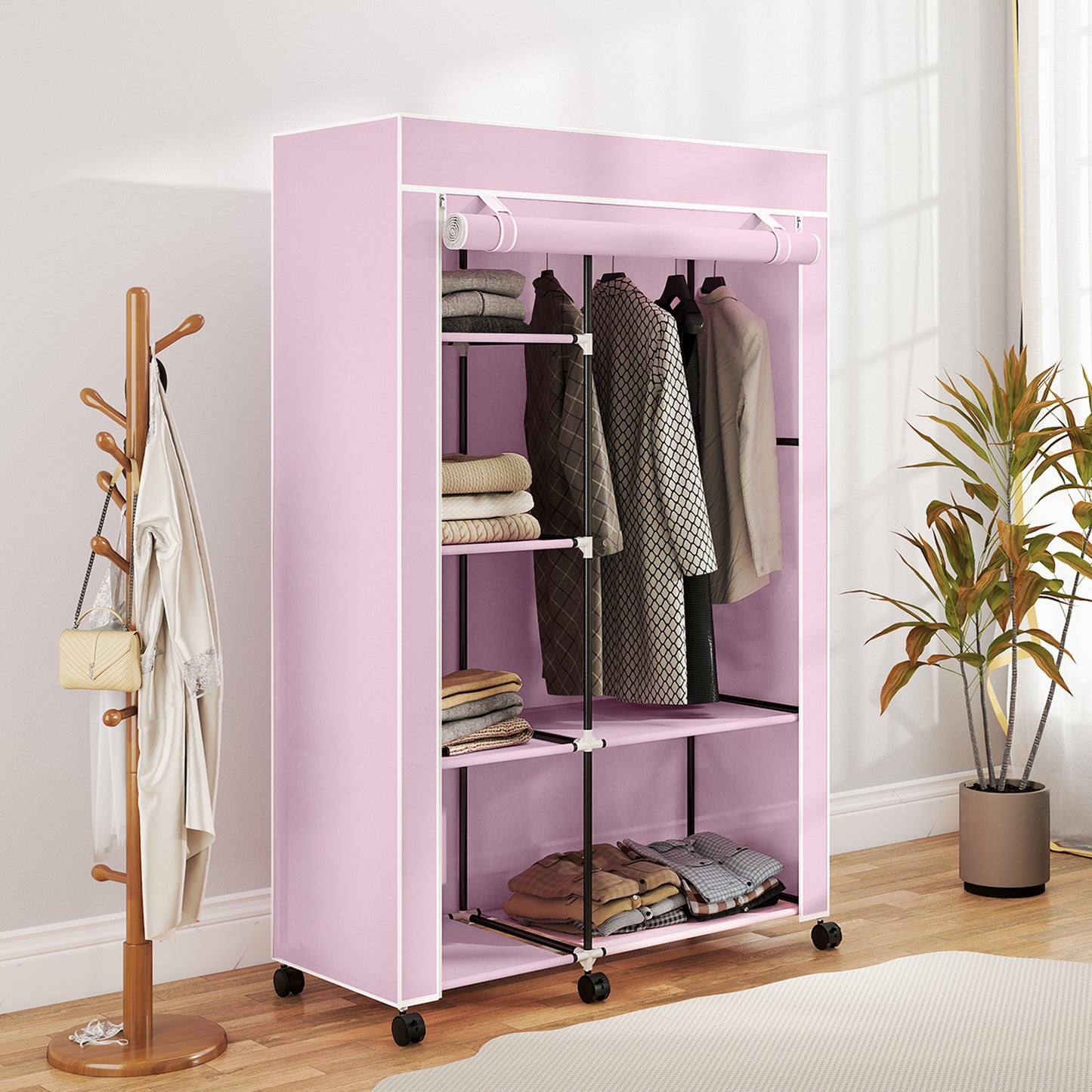 Fabric Wardrobe with wheels, Mobile Portable Wardrobe with 6 Shelves, 1 Hanging Rail, Foldable, 103 x 43 x 162.5 cm, Pink