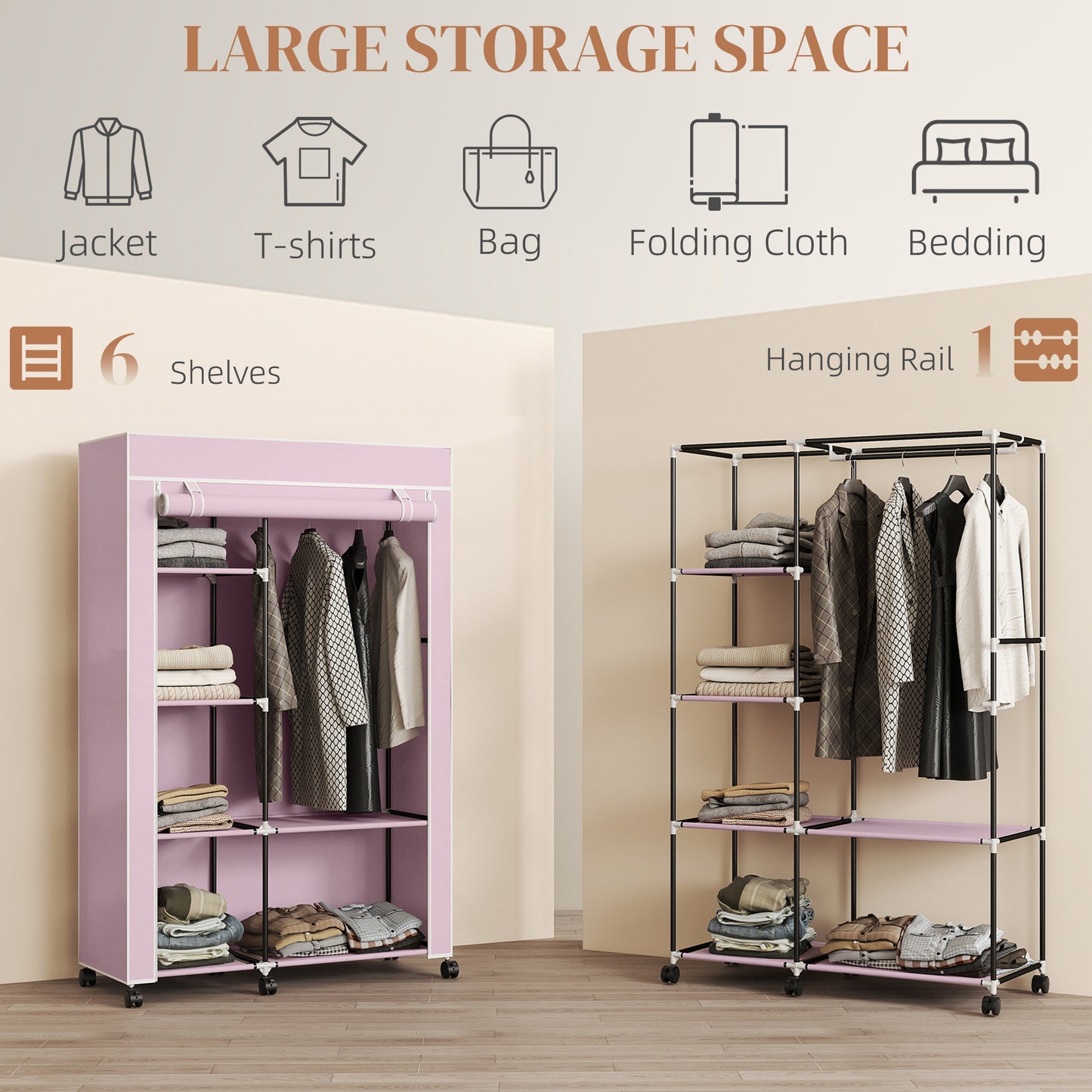 Fabric Wardrobe with wheels, Mobile Portable Wardrobe with 6 Shelves, 1 Hanging Rail, Foldable, 103 x 43 x 162.5 cm, Pink