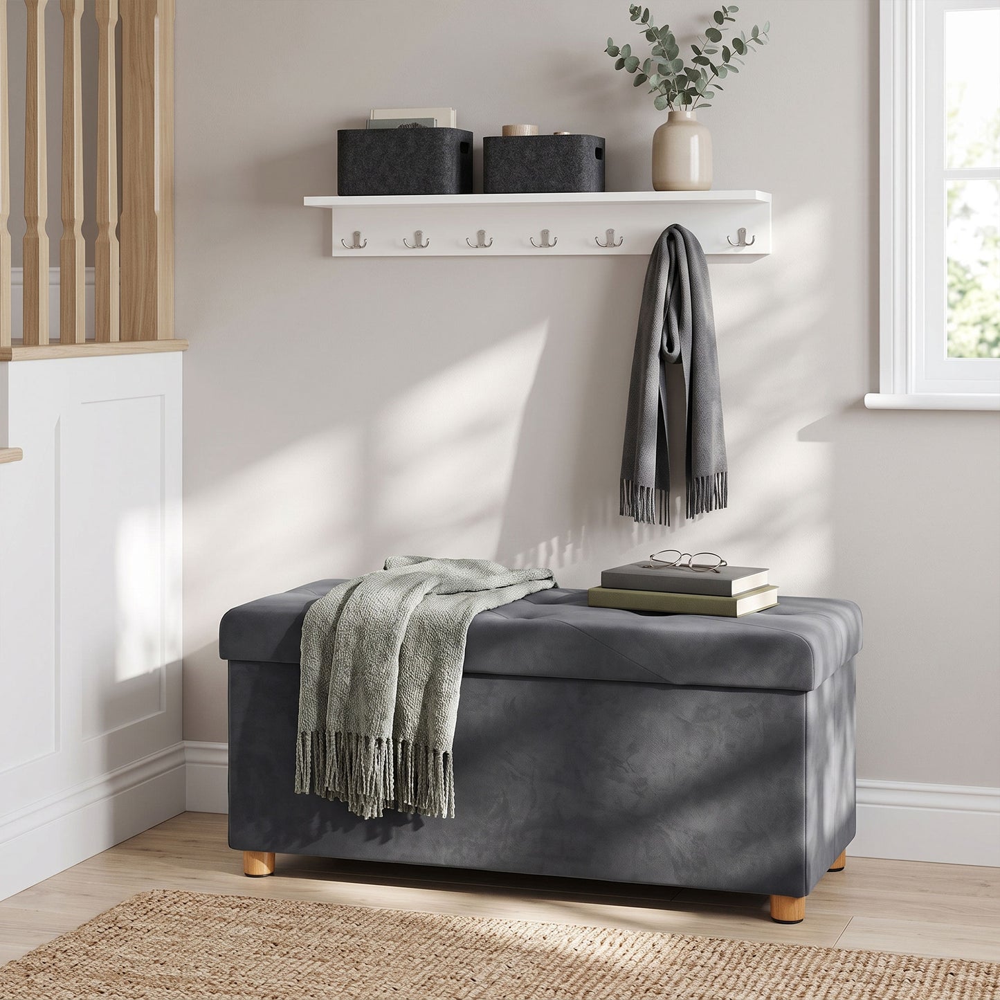 Velvet Upholstered Foldable Ottoman Footrest with Wood Legs, Grey