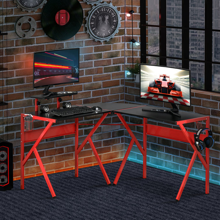 Gaming Desk L-Shaped Corner Computer Table for Home Office PC Workstations with Adjustable Monitor Stand , Red