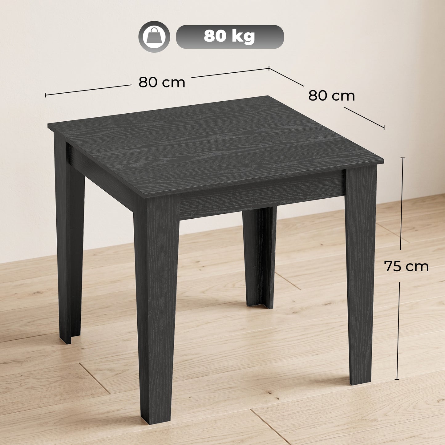 Dining Table for 4, 80L x 80W x 75Hcm, Black Wood Effect