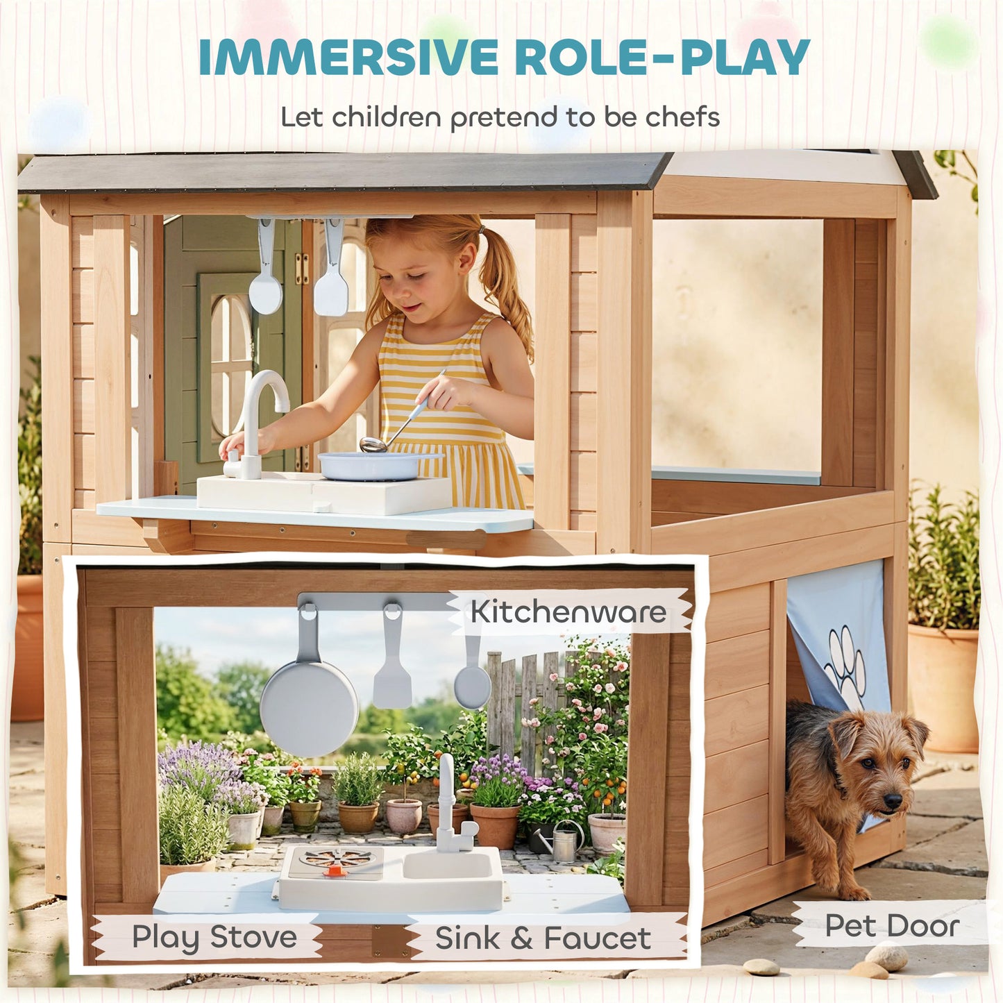 Playhouse for Kids, Wooden Wendy House with Pet Door, Play Kitchen, Half Door and Windows for Indoor Outdoor Pretend Play Fun, Ages 2+, Natural Wood