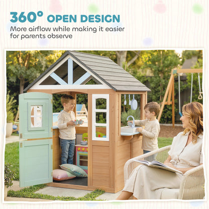Playhouse for Kids, Wooden Wendy House with Pet Door, Play Kitchen, Half Door and Windows for Indoor Outdoor Pretend Play Fun, Ages 2+, Natural Wood