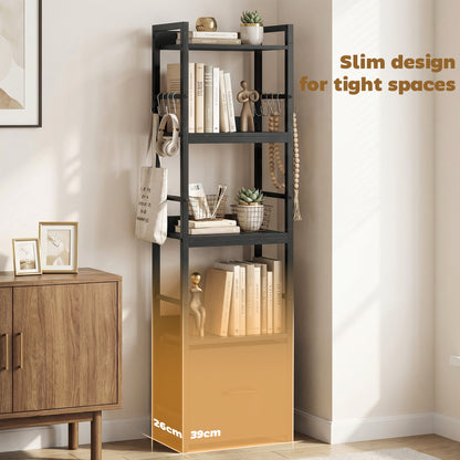 4-Tier Bookshelf, Shelving Unit with Drawer, 8 Hooks, Black