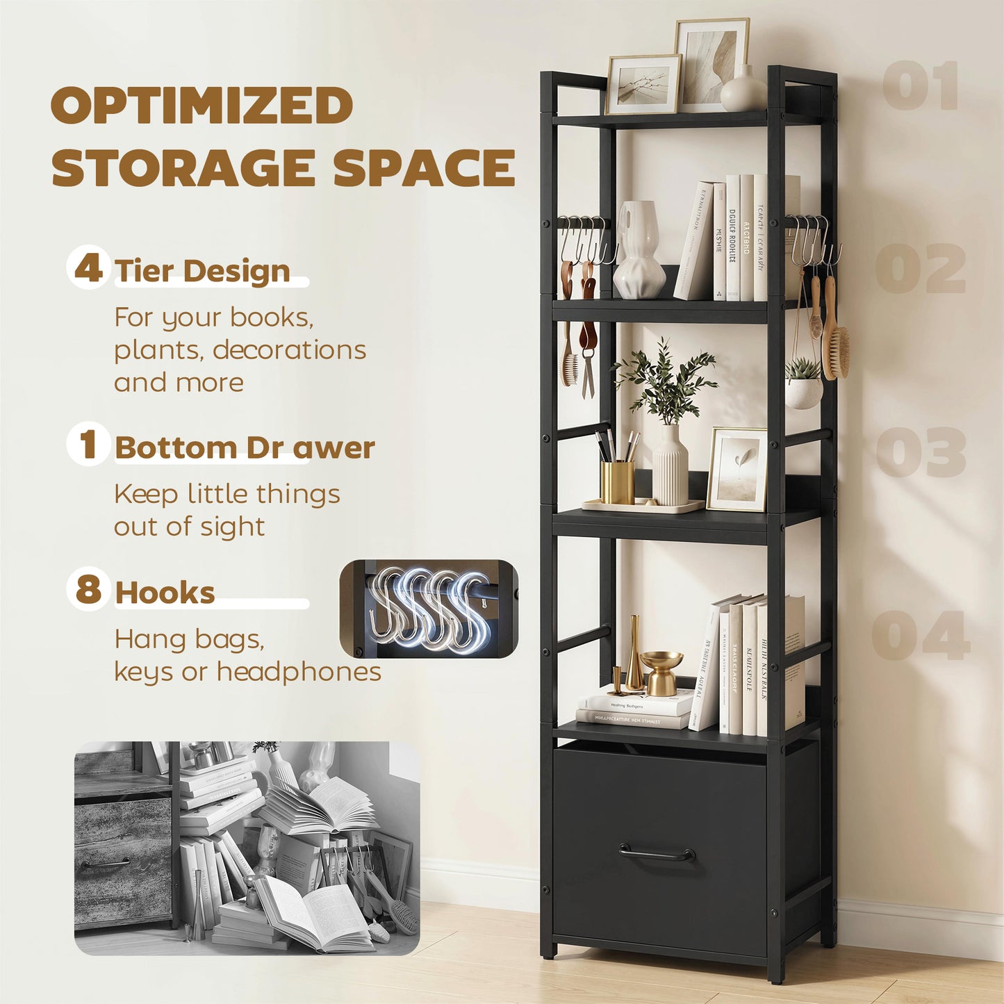 4-Tier Bookshelf, Shelving Unit with Drawer, 8 Hooks, Black