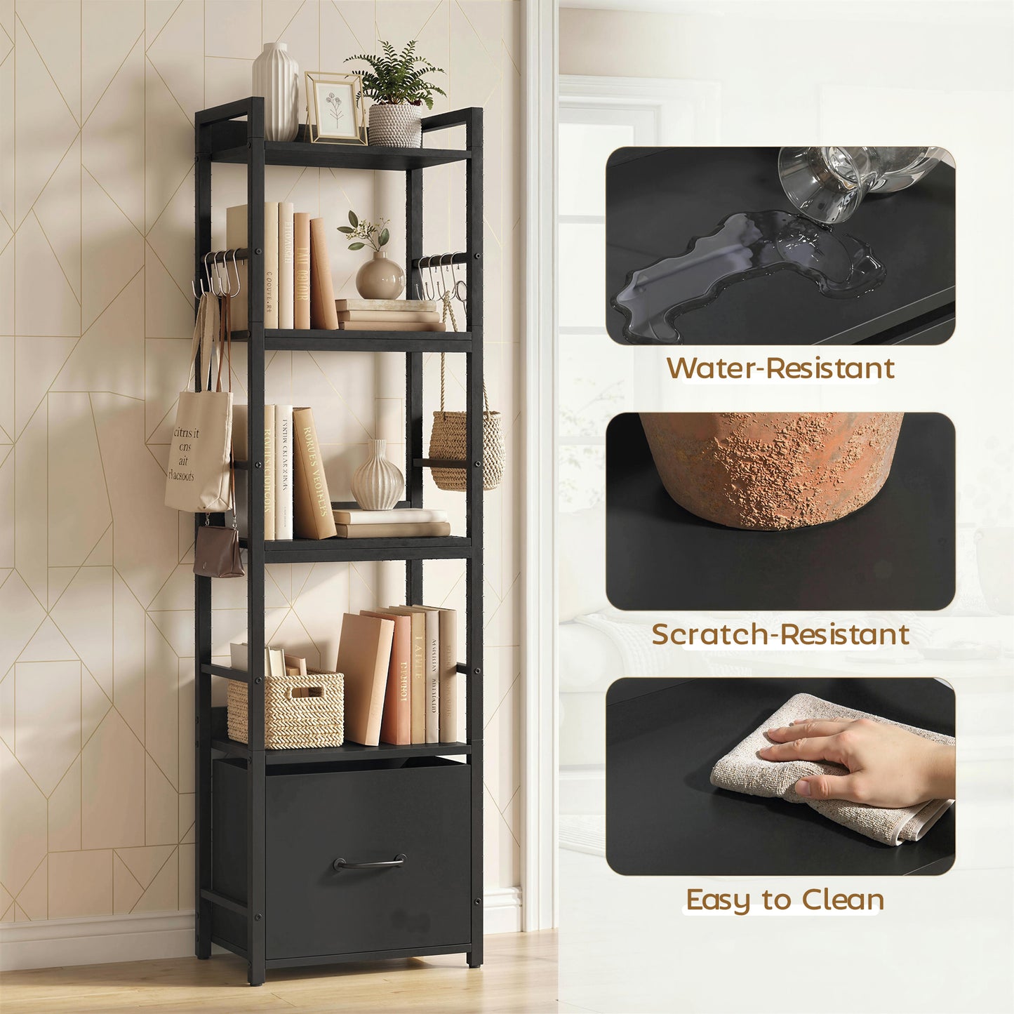 4-Tier Bookshelf, Shelving Unit with Drawer, 8 Hooks, Black