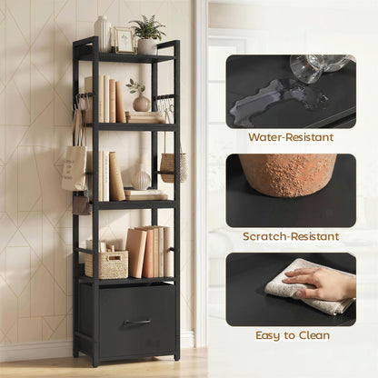 4-Tier Bookshelf, Shelving Unit with Drawer, 8 Hooks, Black